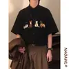 Camisa de Pana de Manga Corta Estilo Universitario Retro Americano de Verano Bordada con Gato para Hombre Versátil Casual