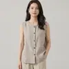 Colete Esportivo Casual Feminino de Verão Algodão e Linho Slim-Fit Solto Sem Mangas Respirável Pied-de-Poule Estilo Retro Old Money