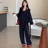 Moda gestante para primavera e outono, novo conjunto esportivo azul marinho, conjunto de três peças: colete + jaqueta + calça pantalona, disfarça a barriga e emagrece