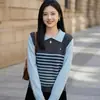 Suéter de Punto Rayado de Color Contrastante para Mujer, Nuevo Estilo de Primavera, Casual, Rejuvenecedor, Cuello Camisero, Jersey, Para Superponer, Falso Dos Piezas, Camisa Polo de Manga Larga