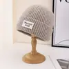 Gorro de Lã Quente Color Sólida para Outono e Inverno Feminino, Gorro de Tricô Versátil com Letras, Chapéu à Prova de Vento para Exterior Atacado