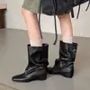 Botas de vaquero western de nuevo estilo retro, punta cuadrada, con aumento de altura interior, patchwork de cuero, slip-on, para mujeres de talla grande con piernas gruesas y pantorrillas anchas