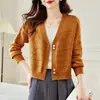 Chaqueta Suéter de Cintura Alta Estilo Japonés y Coreano para Mujer Nueva Colección Primavera y Otoño 2025 Color Sólido Rayas Botones de Perla Cárdigan Corto de Punto