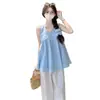 6221 # Tops de Verão, Modernos e Rejuvenescedores, Camisas Babydoll com Decote V para Mulheres, Tecido Solto de Algodão e Linho para Uso Casual, Versátil e Emagrecedor