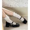 Estilo francês bico quadrado salto grosso boca rasa sapatos de camada única feminino vestuário exterior 2025 nova primavera all-match retro estilo tarde da noite sapatos mary jane