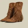 Botas Vaqueras Occidentales Melaleuca para Mujer 2026 Botas Adelgazantes Retro para Mujer Borla Estilo Páramo Punta Fina Tacón Grueso Botas de Moda
