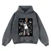 Sudadera con Capucha Estampado de Baloncesto Holgada Retro Sudadera Pesada 420g Batik Vintage Desgastada Sudadera con Capucha