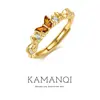 Anillo de Diamantes con Lazo de Ámbar Electrochapado en Oro Real, Anillo de Diamantes con Patrón de Ola Vintage, Joyería de Lujo Ligero de Nicho Europeo y Americano
