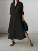 Vestido Camisa Suelto Transfronterizo Primavera y Otoño 2026 Por Encima de la Rodilla Largo Dobladillo Partido Vestido Camisa de Algodón y Lino Vestido de Color Sólido