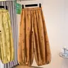 Pantalones de Linterna de Algodón y Lino Estampados Retro para Mujer Verano Delgados Casuales Cortos tipo Harem Versátiles Sueltos Joggers con Puños