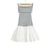 V26502-26 Verano Estilo Coreano Ajustado Bloques de Color Hombros Descubiertos Tubo Tejer Patchwork Vestido Falda Corta