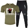 Moda de Comércio Exterior Camiseta Masculina de Manga Curta Calça Terno Casual Gola Redonda Cor Lisa Estampa de Letras Roupa Esportiva Casual