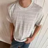 Camiseta Masculina Casual Manga Curta Patchwork Gola Redonda Listrada Estilo Old Money Verão 2026 Nova Cleanfit