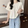 Camiseta Irregular de Manga Curta com Foto Real Transfronteiriça Feminina de Verão Cor Sólida Estilo Coreano Solta Camiseta Curta para Estudantes