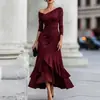 Estilo Europeo y Americano 2026 Otoño Comercio Exterior Nuevo Vestido Elegante Ajustado de Manga Larga con Cuello en V Hombros Descubiertos Fruncido y Volantes para Mujer