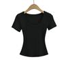 Camiseta de Manga Corta con Cuello en U Grande Estilo Europeo y Americano para Mujer 2024 Verano Nuevo Top Básico Adelgazante para Chica Hot