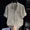 Camisa masculina de verão listrada estilosa, solta, manga curta, camisa seersucker moderna, casual, bonita, manga três quartos