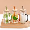 Vaso de Leche con Pajita de Vidrio Borosilicato Grueso para el Hogar Simple Resistente a Altas Temperaturas con Asa de Cinturón y Tapa Alto Valor de Color