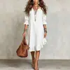 2026 E-commerce Transfronteiriço Europeu e Americano Verão Novo Vestido Feminino Temperamento Decote V Cor Sólida Manga Média Babado