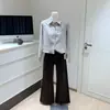 Camisa Corta de Manga Larga Rayada Azul/Café para Mujer, Delgada Estilo Coreano Holgada para Tallas Pequeñas