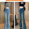 Jeans de Mezclilla Lavada Retro para Mujer Cintura Alta Micro Acampanados Pantalones de Campana Invierno Adelgazantes Elásticos de Longitud Completa Pantalones