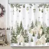 Cortina de chuveiro com padrão de combinação de cena de neve de Natal exclusiva transfronteiriça, carro vermelho, pinheiro, pássaro vermelho, montanha, não requer perfuração, vem com 12 ganchos