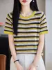 Blusa de Tricô Casual com Listras Coloridas Blocadas e Recortes para Mulheres, Manga Curta Gola Redonda Caimento Solto Emagrecedor Leve de Liocel Camiseta