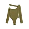 Estilo Nuevo Primavera y Otoño Elástico Ajustado Color Sólido Camiseta Base Estilo Americano Sexy Hombro Descubierto Hombro Caído Manga Larga Body para Mujer