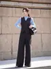 Elegante y casual traje de otoño estilo business de Feiyuan: Conjunto de dos piezas para mujer: chaleco sin mangas con cinturón + pantalón de traje de pierna ancha