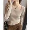 Tejidos de Punto para Mujer en Primavera, Otoño e Invierno 2024 Nuevas Camisetas Básicas Casuales Ajustadas de Cuello Cuadrado con Tops de Manga Larga para Otoño
