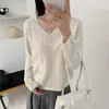 Suéter de tricô crochê com decote V, cor sólida, vazado, versátil, caimento solto, manga longa, estilo francês, casual, outono, estilo preguiçoso