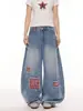 Calças jeans femininas transfronteiriças em estilo American High Street, calças de patchwork resistentes, calças casuais de perna larga com caimento lavado vintage, estilosas