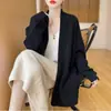 Cardigan versátil de cor sólida novo para outono e inverno, transfronteiriço europeu e americano, gola V, estilo casual folgado e preguiçoso, casaco suéter feminino de comprimento médio