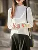 Camisa Básica Bordada com Forro de Lã Estilo Chinês Novo Outono e Inverno para Mulheres, Gola Meio Alta Jacquard Lã Manga Longa Top Interno