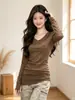 Nova Camiseta de Manga Longa Quente com Decote V e Ombro Regular Outono e Inverno Feminina Versátil Modeladora Camada Interna Camada Externa Top Camisa Base