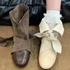 Botines de tobillo de diseño de nicho nuevo y moderno estilo coreano, con cordones, puntera redonda, que aumentan la altura, botines western de puntera redonda, botas de moda