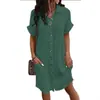 Vestido Casual Solto de Manga Curta, Cor Sólida, Gola V, Comprimento Médio, Botões Únicos, Casual, Cruzado Europeu e Americano, Amazon, 2026, para Mulheres