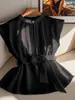 Top Francés sin Mangas Talla Grande 2026 con Cuello Alto, Botón Único, Pliegues en el Pecho, Cintura de Corbata, Ligeramente Transparente y con Caída