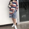 Moda 2021 Nova Camiseta Listrada de Manga Longa Feminina Primavera Estilo Escuro Média Longa Cor Contrastante Estudante Solta
