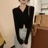 Suéter feminino com gola polo dividida, design francês, corte slim, top curto para outono e inverno 2023