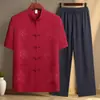 Traje Tang para Hombre de Seda de Hielo Manga Corta Verano Cuello Vertical Estilo Chino Bordado Camisa para Hombre de Mediana Edad y Mayor Hanfu para Papá