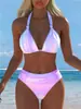 Traje de Banho Duas Peças Estilo Europeu e Americano Novo para Mulheres 2027, Biquíni Push-Up de Cintura Alta, Roupa de Banho Sexy com Decote Halter, Maiô de Três Pontos