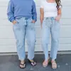 Ebay comércio exterior primavera e outono novo estilo feminino calça jeans lavada desfiada confortável para o dia a dia corte slim bolso aplicado calça pantalona moderna