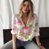 TEMU Camisa de Manga Larga Nueva para Mujer Transfronteriza Hermosa Flor Estampado 3D Moda Casual De Botones Un Solo Color Versátil