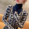 Suéter Jacquard de Exportación Transfronteriza para Mujer Otoño e Invierno Nuevo Estilo Amazon Estilo Británico Estampado Geométrico Camisa de Fondo Tejida