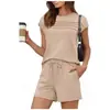 Conjunto feminino de shorts e camiseta de manga curta estilo europeu e americano, camiseta redonda com pregas no peito e shorts com bolso de cordão, conjunto casual de duas peças