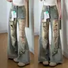 Jeans flare largo desfiado estilo retrô americano para mulheres, calças retas soltas de cintura alta para primavera/verão, calças compridas
