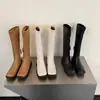 Botas altas elásticas de suela gruesa para mujer, botas largas de caña alta, nuevo estilo de otoño e invierno, botas elásticas de cuero ajustadas con punta cuadrada para mujer, botas altas elásticas para mujer