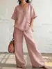 Conjunto de Duas Peças Moda Casual Feminina Europeia e Americana Transfronteiriça Cor Sólida Gola V Solto Manga Curta Calça Longa com Cordão