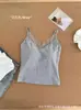 Camisola cálida de forro polar para otoño e invierno con hermoso diseño en la espalda, cuello en V con ribete de encaje, almohadillas en el pecho, tirantes finos, copas fijas y hermoso diseño en la espalda